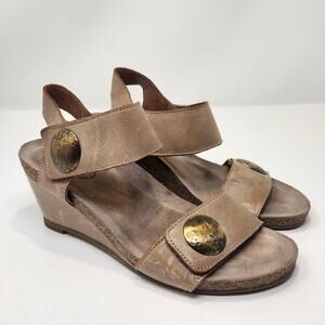 Taos Women Carousel Tan Leather Wedge Sandal Size 38 US 7 Comfort Cork Straps